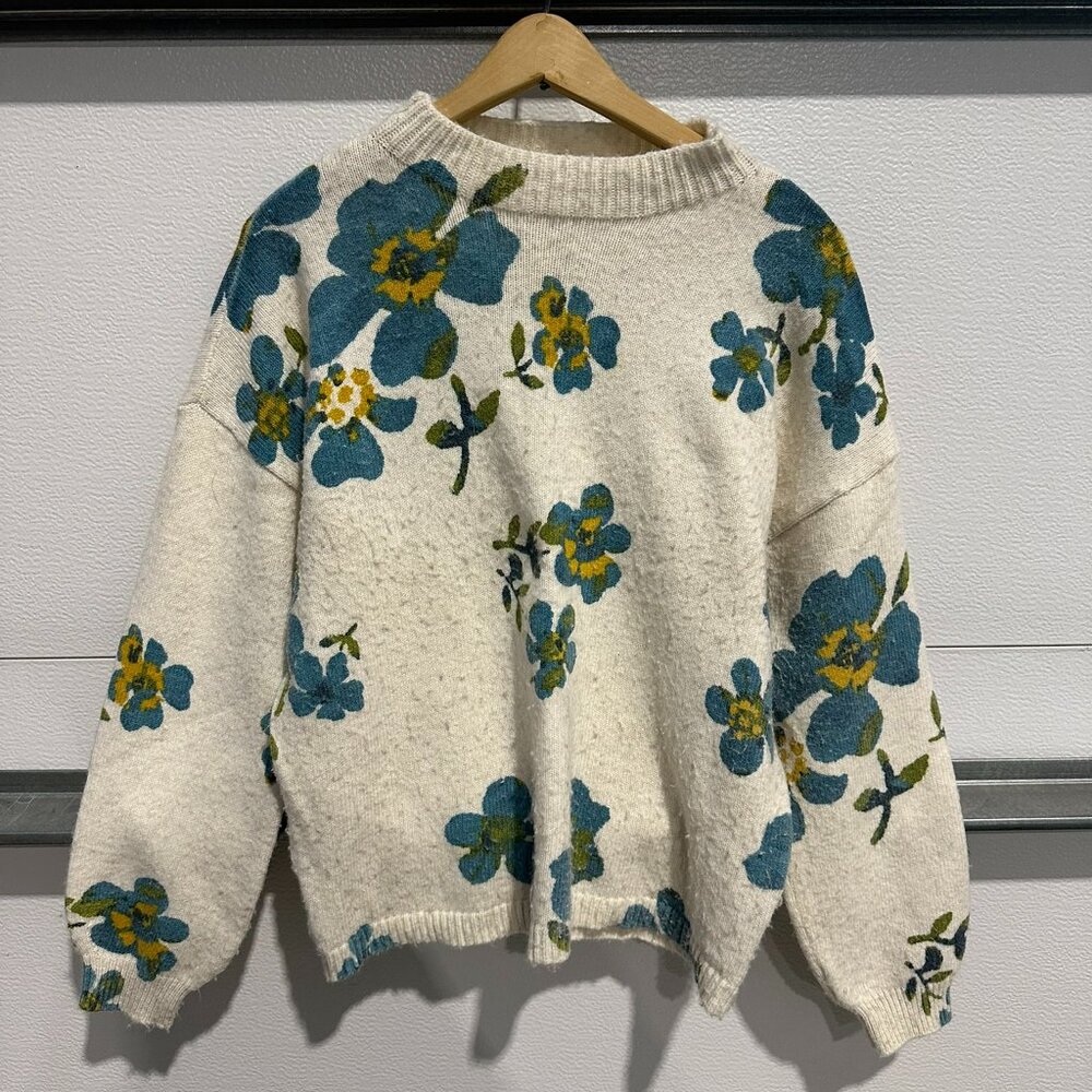 LOFT Medium Cream Blue Floral Knit Sweater